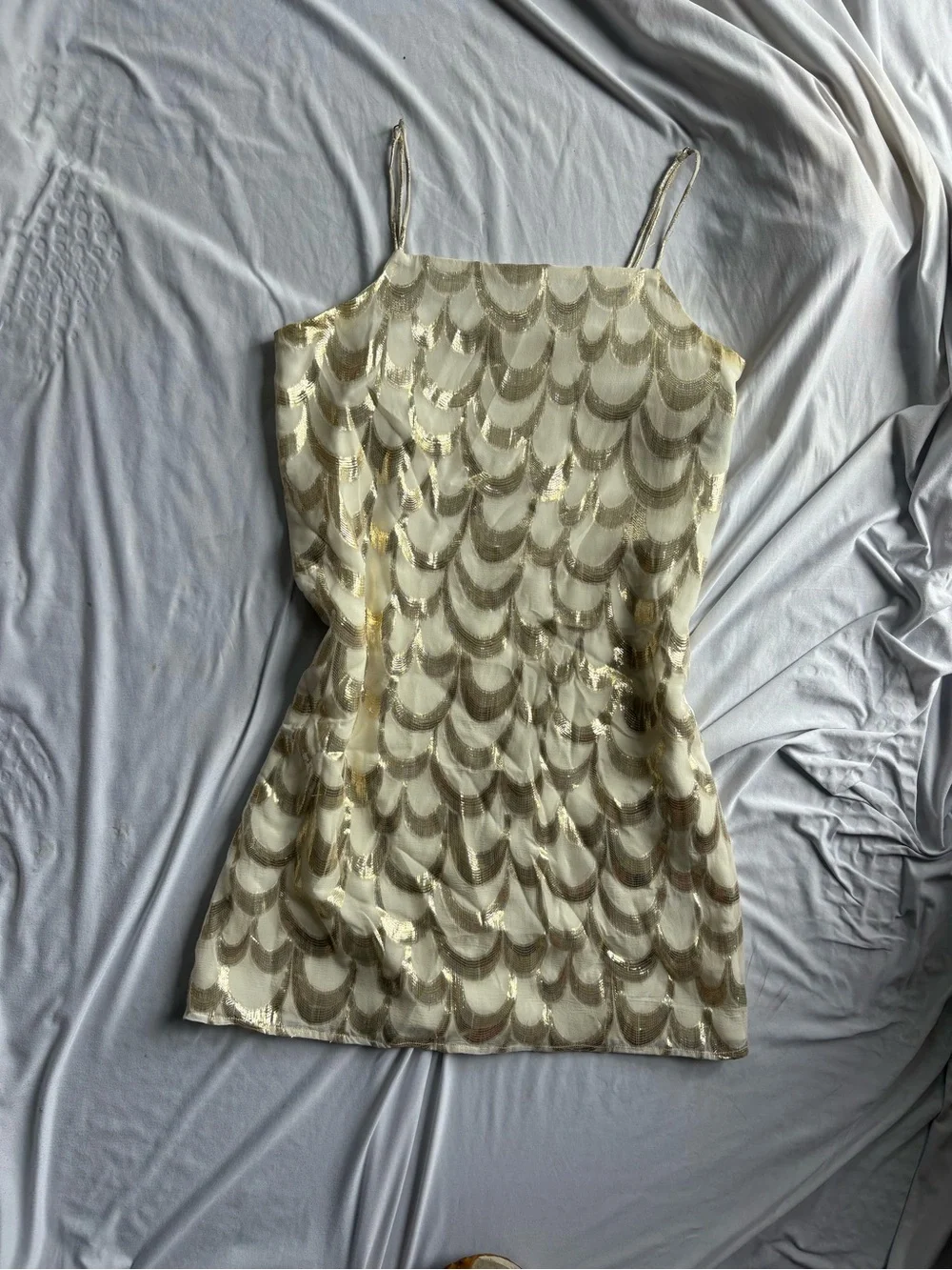 100% silk Ivory Slip Mini Dress with Gold Sequin Scallop Detail - Women